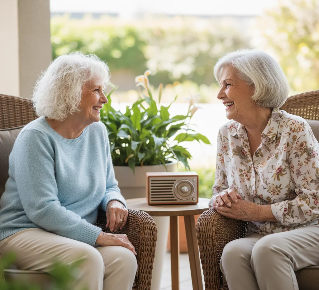 Happy seniors enjoying conversation with better hearing